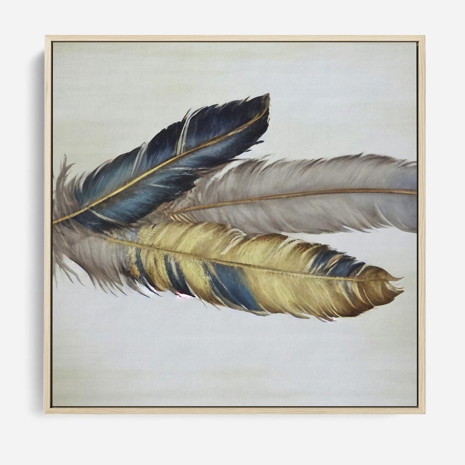 Obraz w ramie 50x50 - Granatowo-Złote Pióra - sztuka, granatowe i złote pióra - rama drewno