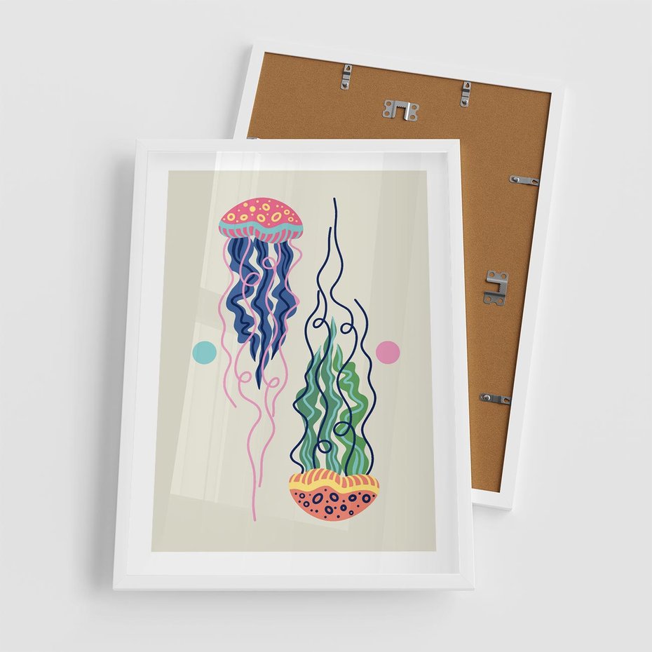Plakat w ramie 50x70 - Morskie Pulsacje - nowoczesny optymistyczny plakat, kolorowe meduzy - rama biała