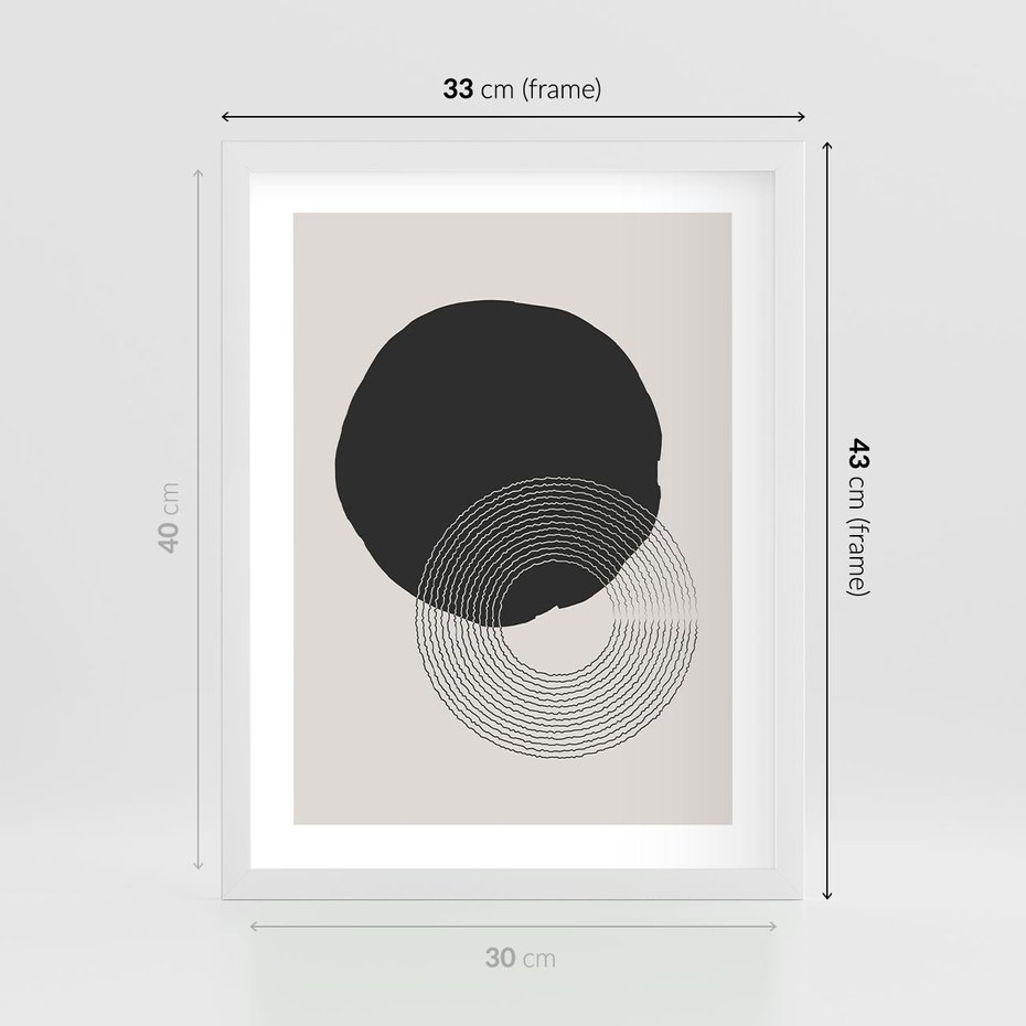 Plakat w ramie 30x40 - Migotliwa Opowieść - abstrakcyjna kompozycja, okręgi - rama biała