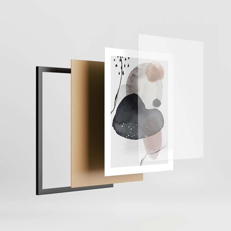 Plakat w ramie 30x40 - Impresje Harmonii - abstrakcyjne plamy akwarelowe, czarny szkic - rama czarna
