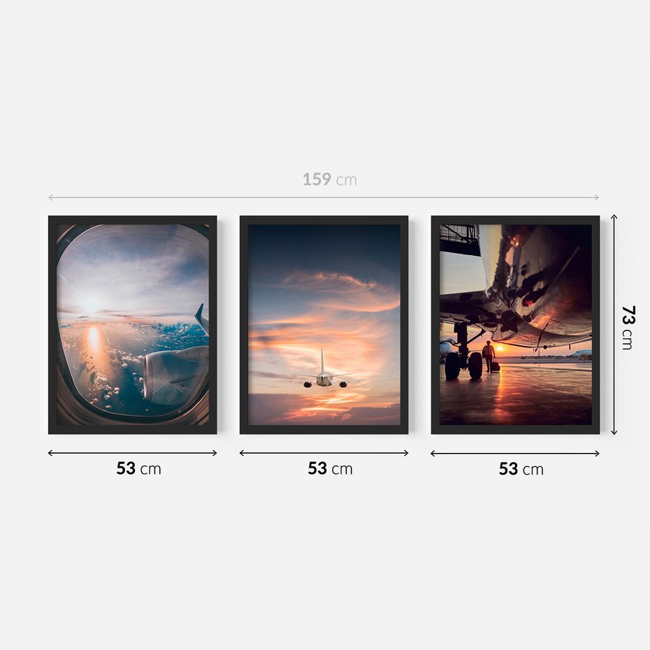 Zestaw obrazy w ramie 50x70 galeria - Samolot, zachód, podróż - rama czarna