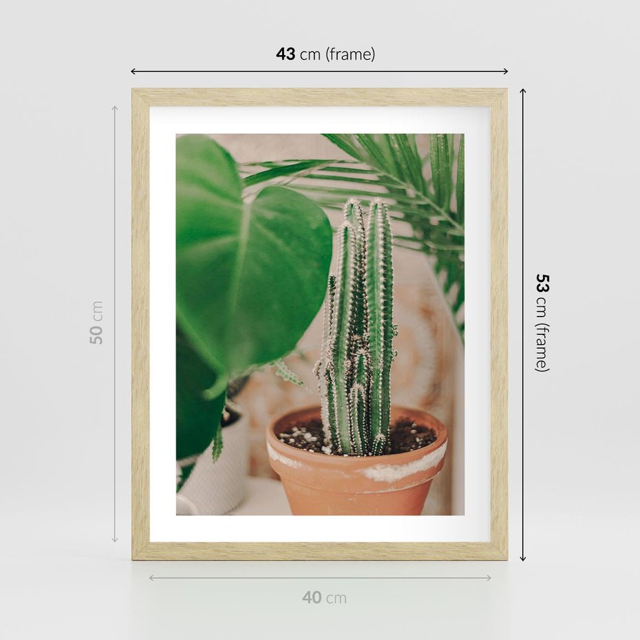 Plakat w ramie 40x50 - Boho Urok - kaktus w doniczce, gliniana doniczka - rama drewno