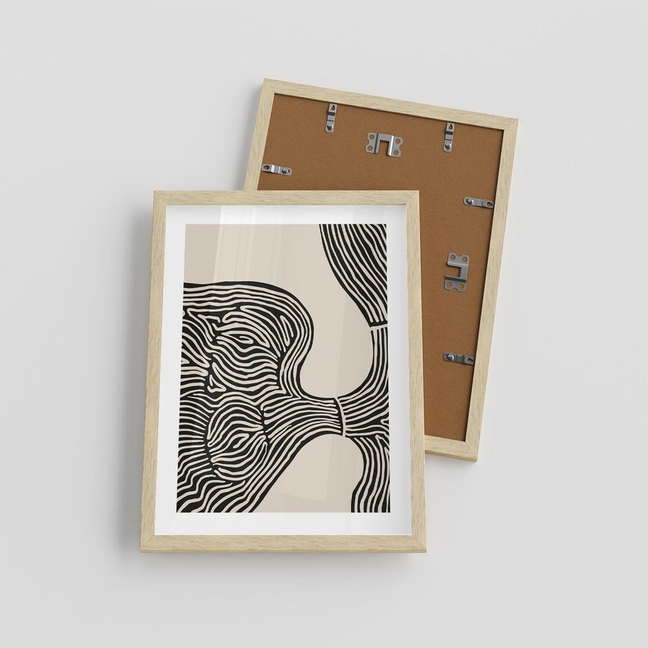 Plakat w ramie 30x40 - Harmonijne Kształty - abstrakcyjne ryciny, czarno biały - rama drewno