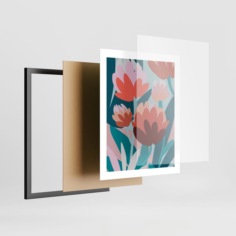 Plakat w ramie 40x50 - Symfonia Kwiatów - abstrakcyjna kompozycja kwiatowych form, kolor zgaszone - rama czarna