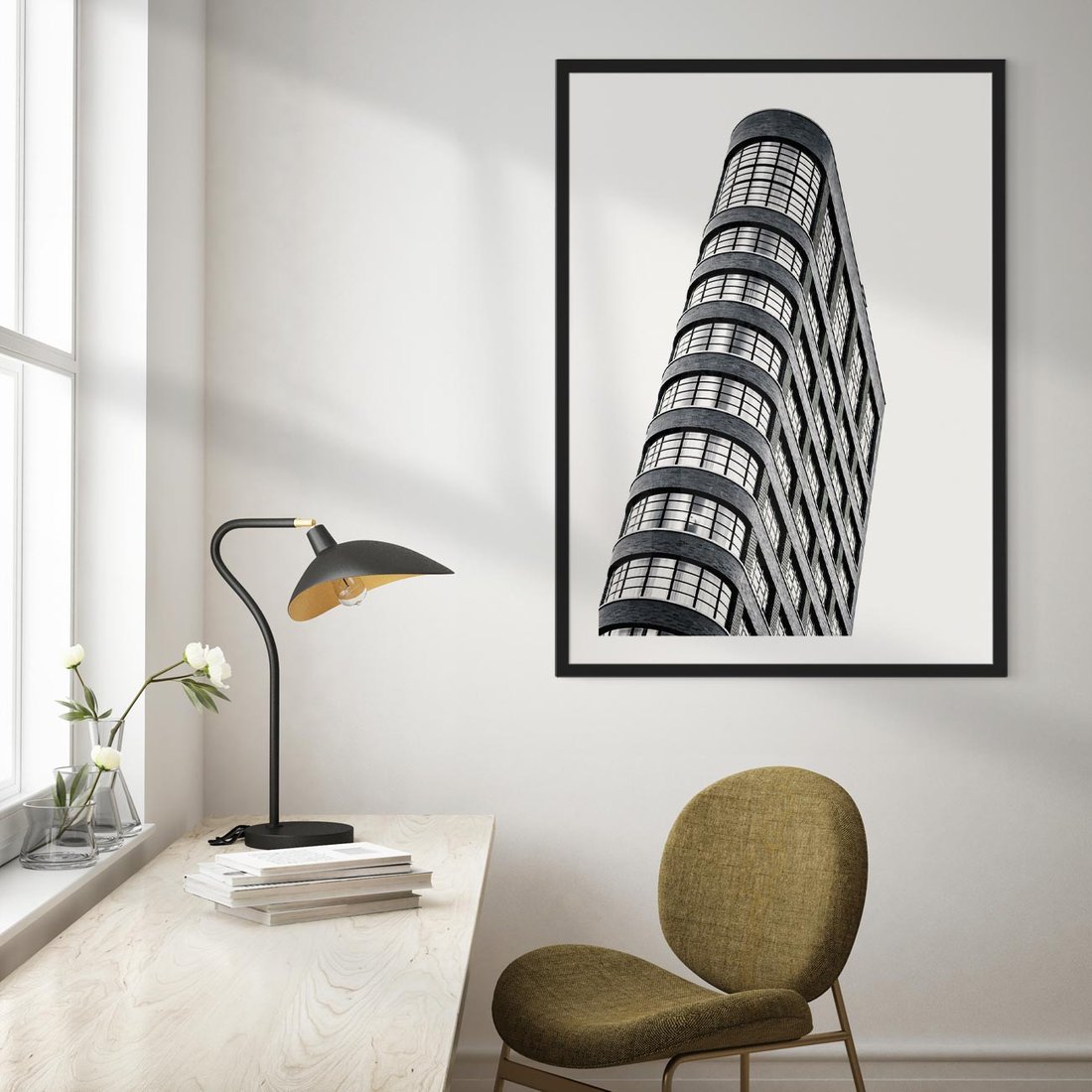 Plakat w ramie 50x70 - Wieżowiec na Monochromatycznym Obrazie - architektura, wieżowiec - rama czarna