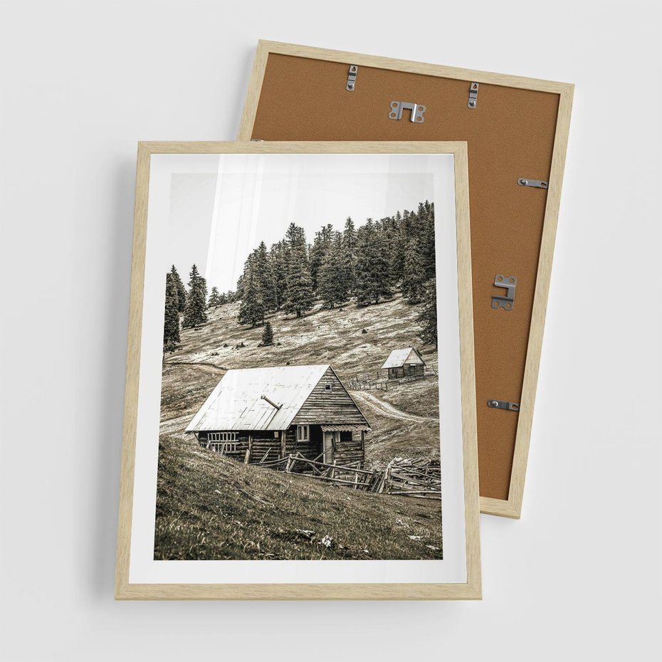 Plakat w ramie 50x70 - Ustronne Chatki w Górach - rustykalne domki w górach, sepia - rama drewno