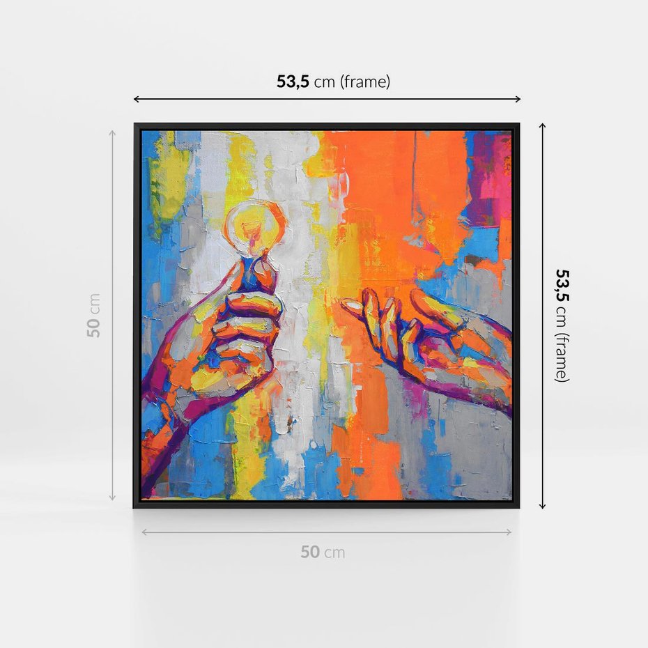 Obraz w ramie 50x50 - Refrakcje wewnętrznego światła - abstrakcyjne dzieło, dłoń trzyma żarówkę - rama czarna