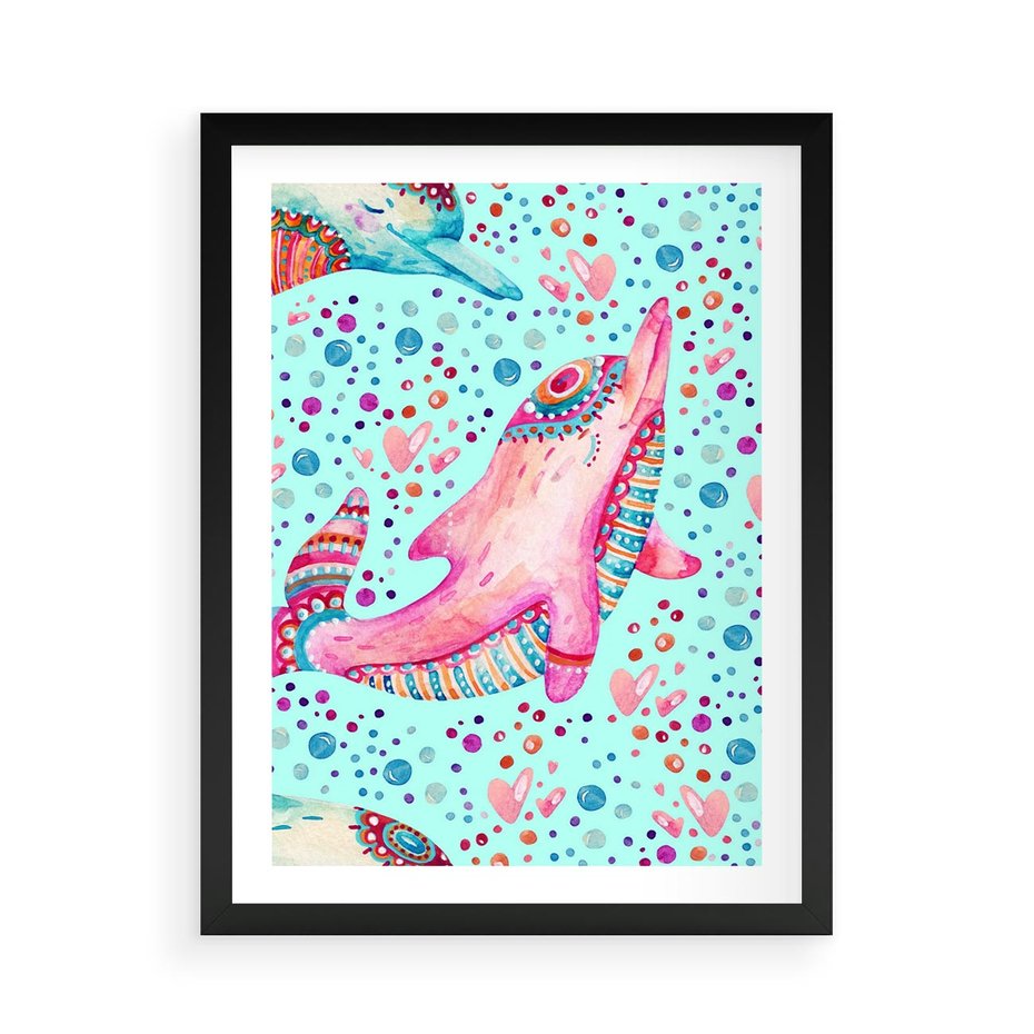 Plakat w ramie 50x70 - Lekkość W Ruchu - delfin, akwarela - rama czarna