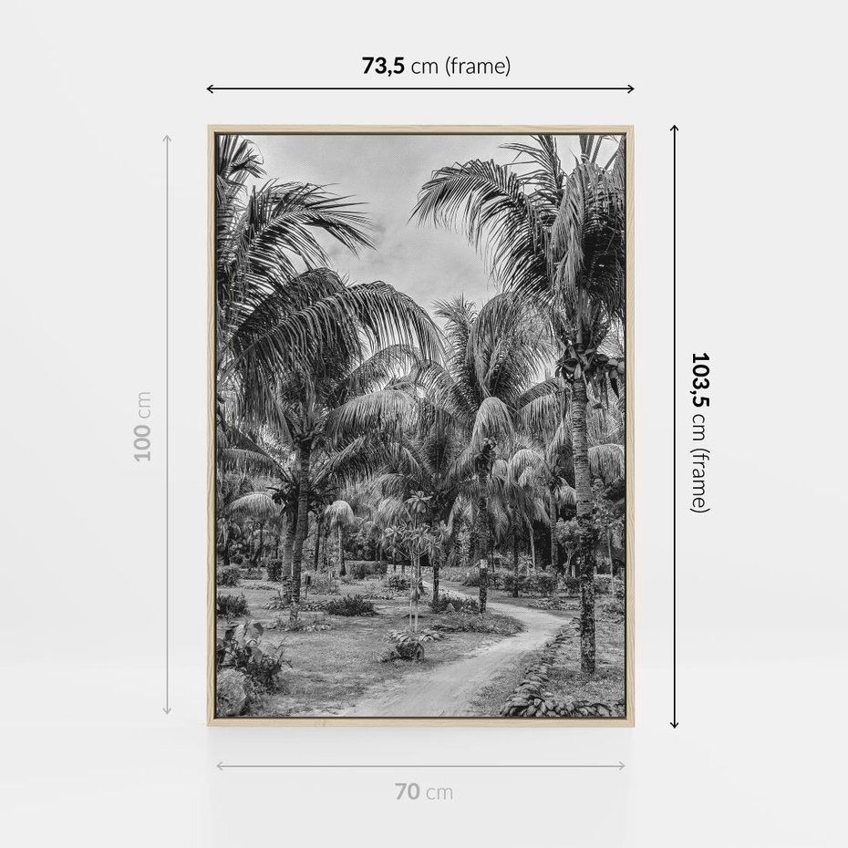 Obraz w ramie 70x100 - Mroczna Ścieżka Tropików - czarno biała fotografia, ścieżka pośród palm - rama drewno