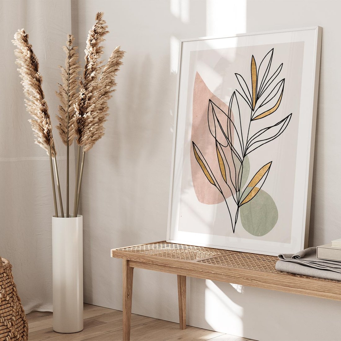 Plakat w ramie 30x40 - Impulsy Subtelnej Harmonii - abstrakcyjny obraz boho, liście - rama biała