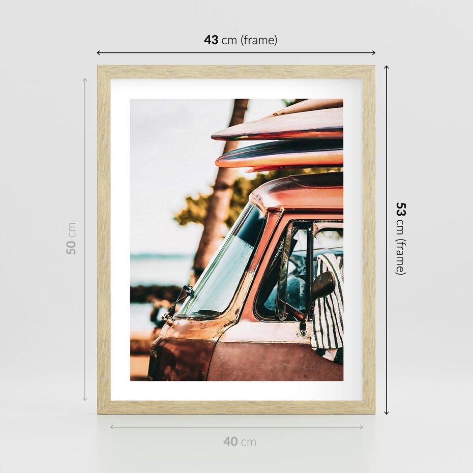 Plakat w ramie 40x50 - Surfingowa Wolność - samochód, stary van - rama drewno