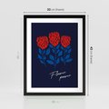Plakat w ramie 30x40 - Podróżne Barwy - czerwone abstrakcyjne kwiaty, granatowe tło - rama czarna