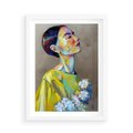 Plakat w ramie 50x70 - W Żółtej Sukience - olejny abstrakcyjny obraz, portret kobiety w żółtej sukience - rama biała