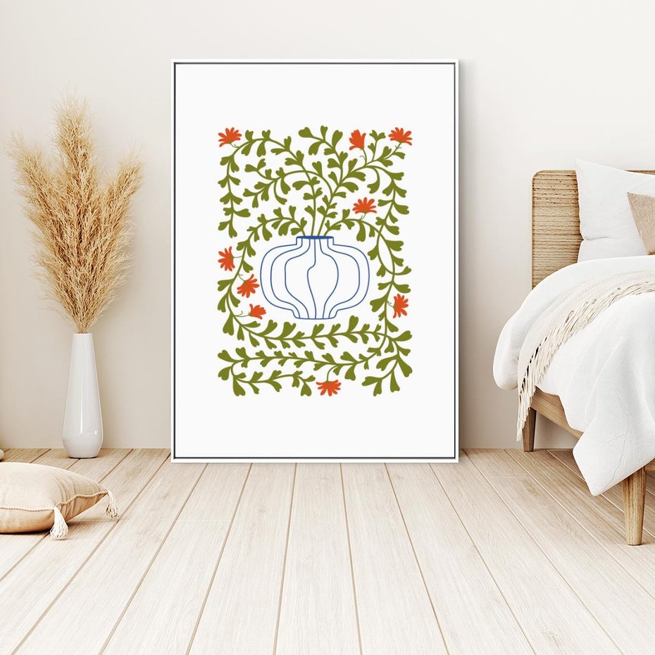 Obraz w ramie 70x100 - Wewnętrzne Fale - kwiaty w wazonie, minimalizm - rama biała