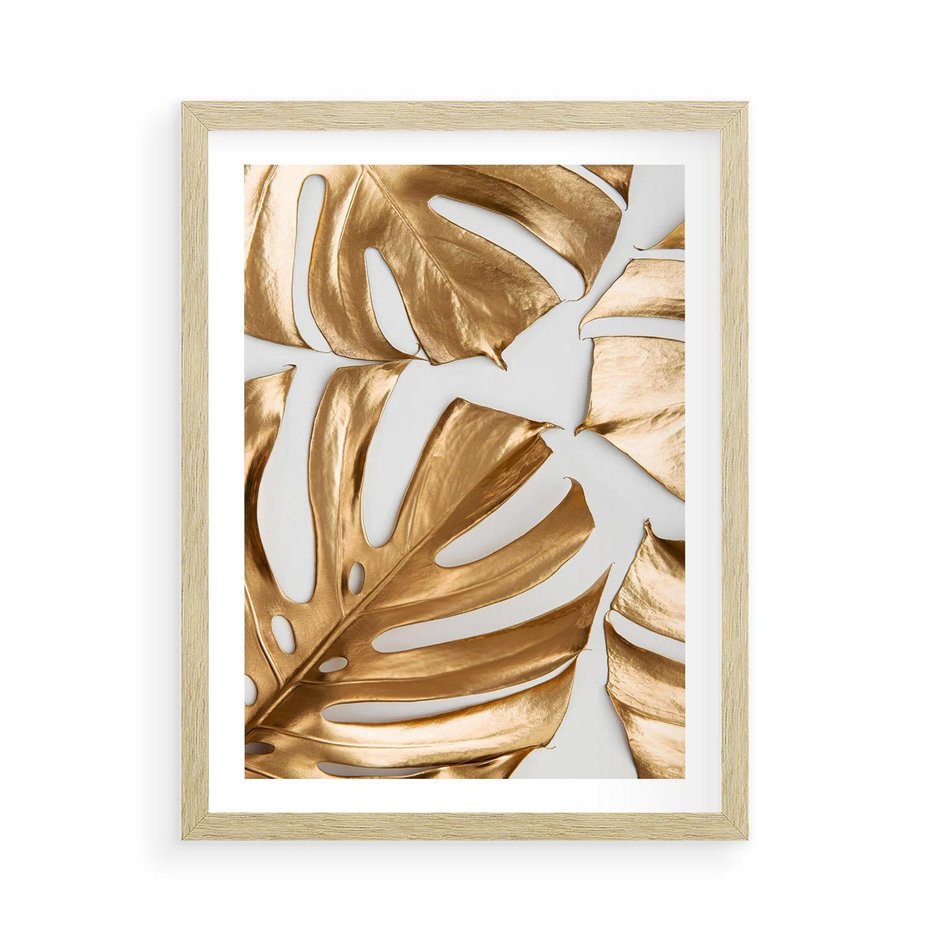Plakat w ramie 50x70 - Złote Akcenty w Fotografii - złotel liście monstery, na białym tle - rama drewno