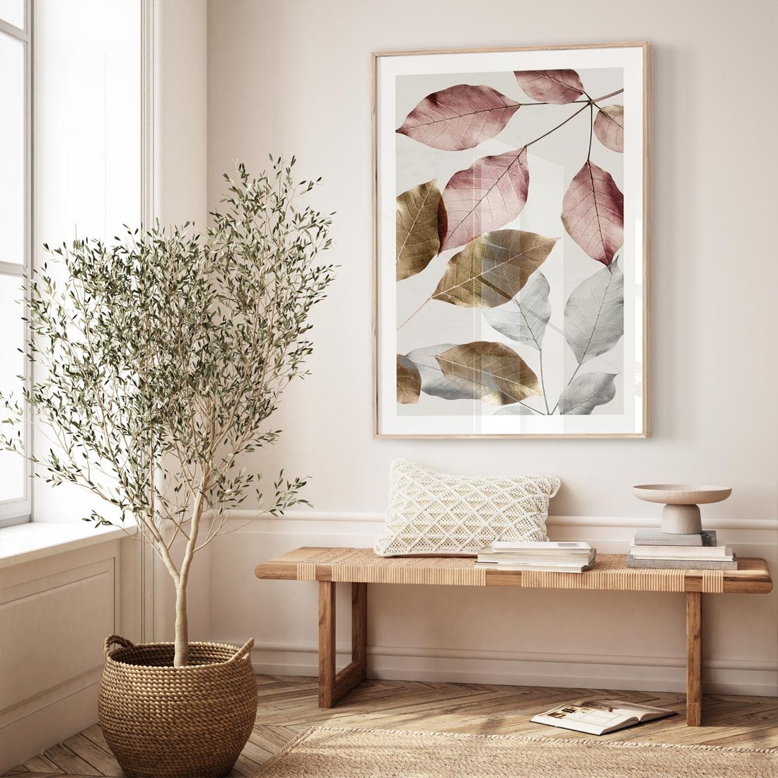 Plakat w ramie 50x70 - Pastelowe Liście z Nutką Złota - liście, pastelowe kolory - rama drewno