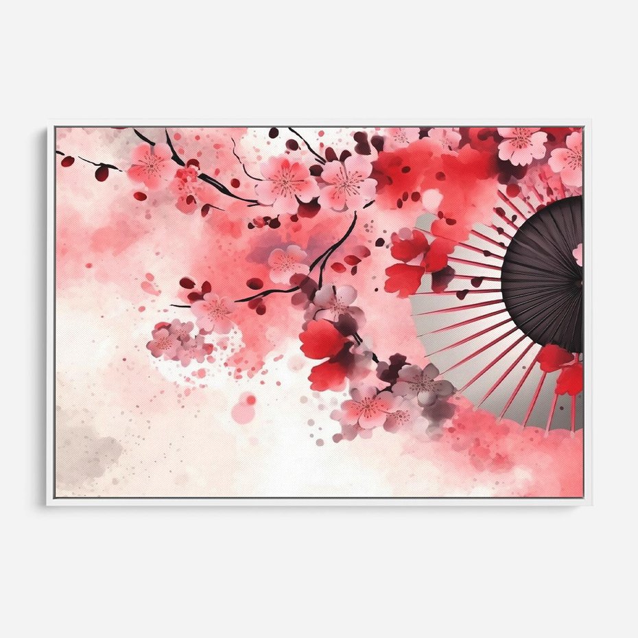 Obraz w ramie 100x70 - Szept Kwitnącej Wiśni - japoński parasol, liście - rama biała