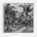 Obraz w ramie 80x80 - Mroczna Ścieżka Tropików - czarno biała fotografia, ścieżka pośród palm - rama drewno
