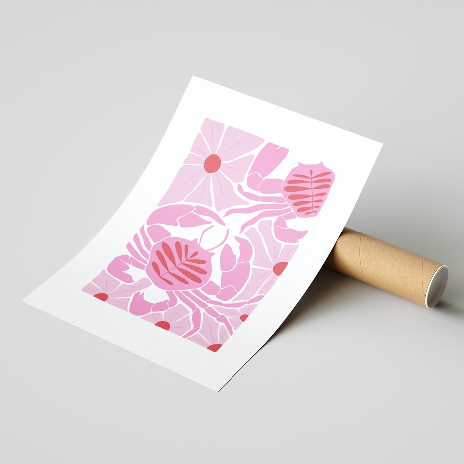 Plakat bez ramy 50x70 - Roztańczone Kraby - różowe kwiaty i kraby, abstrakcyjna kompozycja