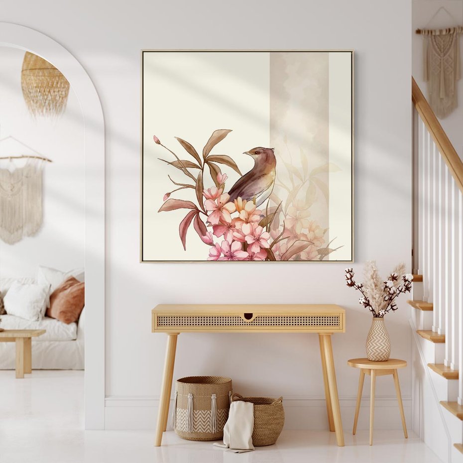 Obraz w ramie 80x80 - Kwiatowe Zanurzenie - japońska sztuka, ptak - rama drewno