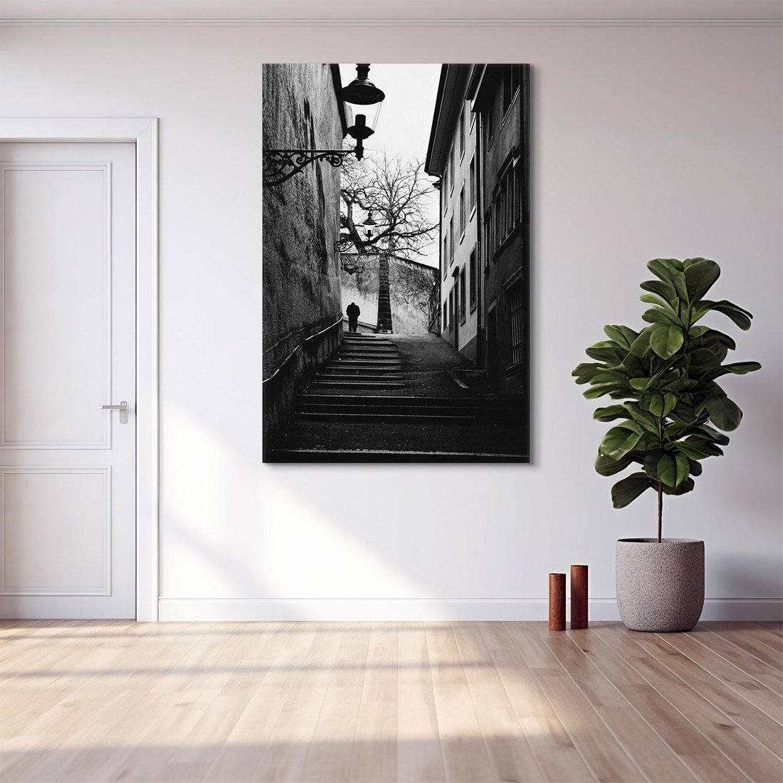 Obraz na płótnie 50x70 - Ukryta Uliczka - czarno białe zdjęcie, schody