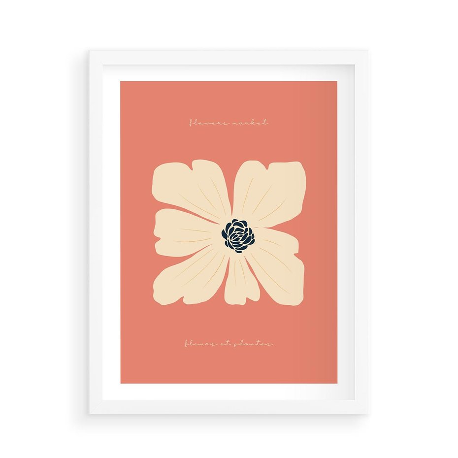 Plakat w ramie 50x70 - Malowane Kolorowe Echa - minimalistyczna grafika, biały kwiat na różowym tle - rama biała