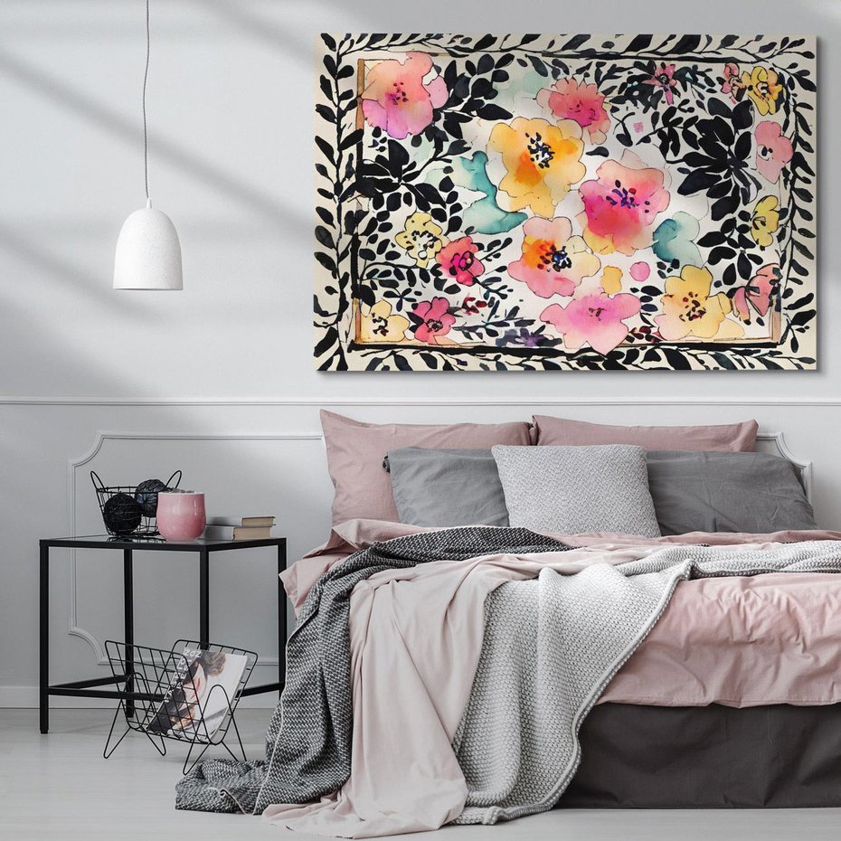 Obraz na płótnie 100x70 - Opowieść w kroplach farb - akwarelowe kwiaty, mocna ornamentowa czarna ramka namalowana dookoła obrazu