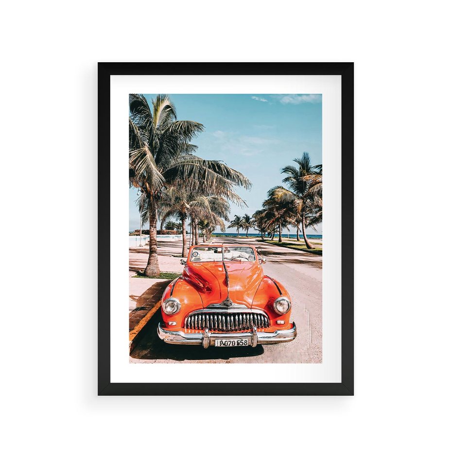 Plakat w ramie 30x40 - Retro Przejażdżka - pomarańczowy retro samochód, kabriolet - rama czarna