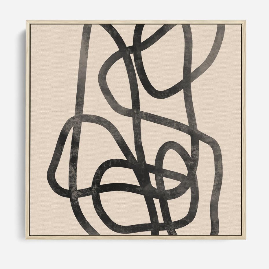 Obraz w ramie 50x50 - Przenikanie Wirtualnych Wymiarów - zaplątane minimalistyczne linie, na bezowym tle - rama drewno