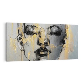Obraz na płótnie 140x70 - Kobieta - Abstrakcyjne Malowidło - złote, usta abstrakcja