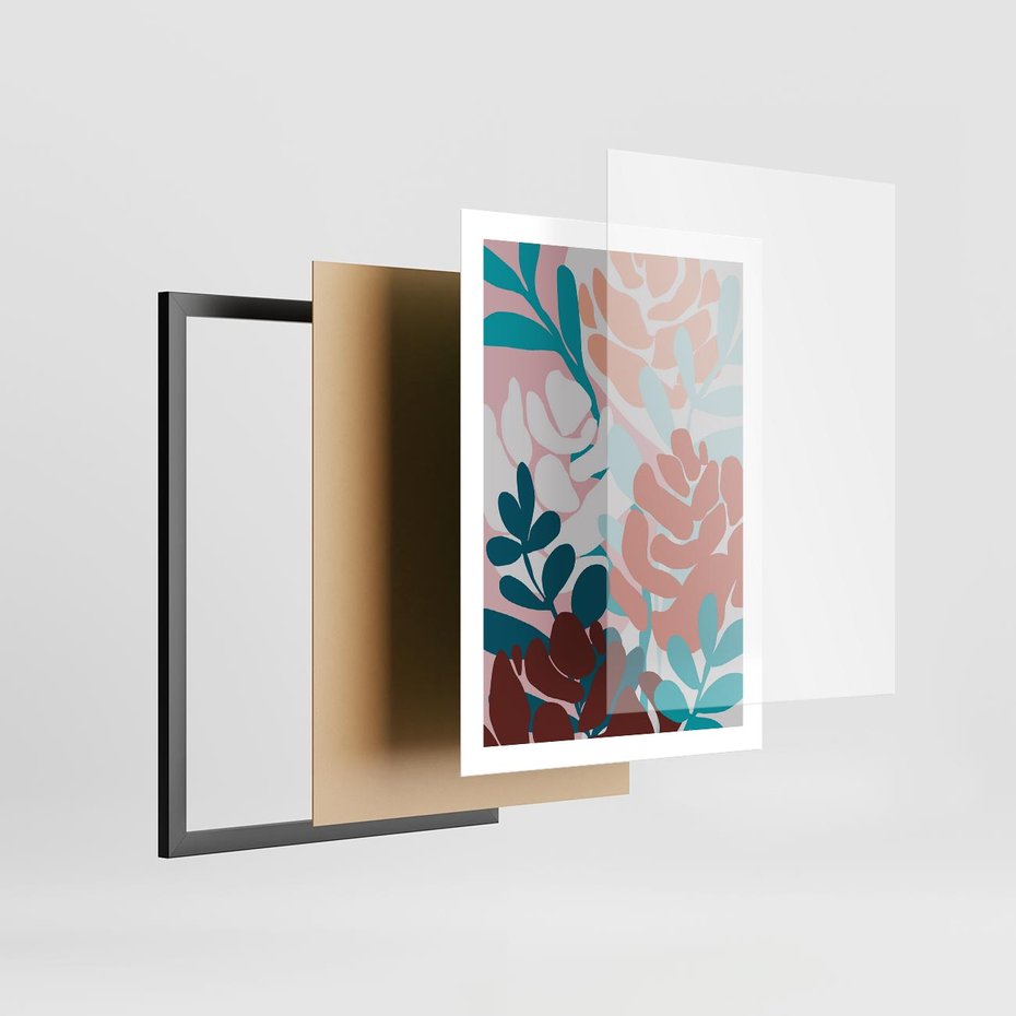 Plakat w ramie 50x70 - Impresje Kształtów - abstrakcyjna kompozycja kwiatowych form, kolor zgaszone - rama czarna