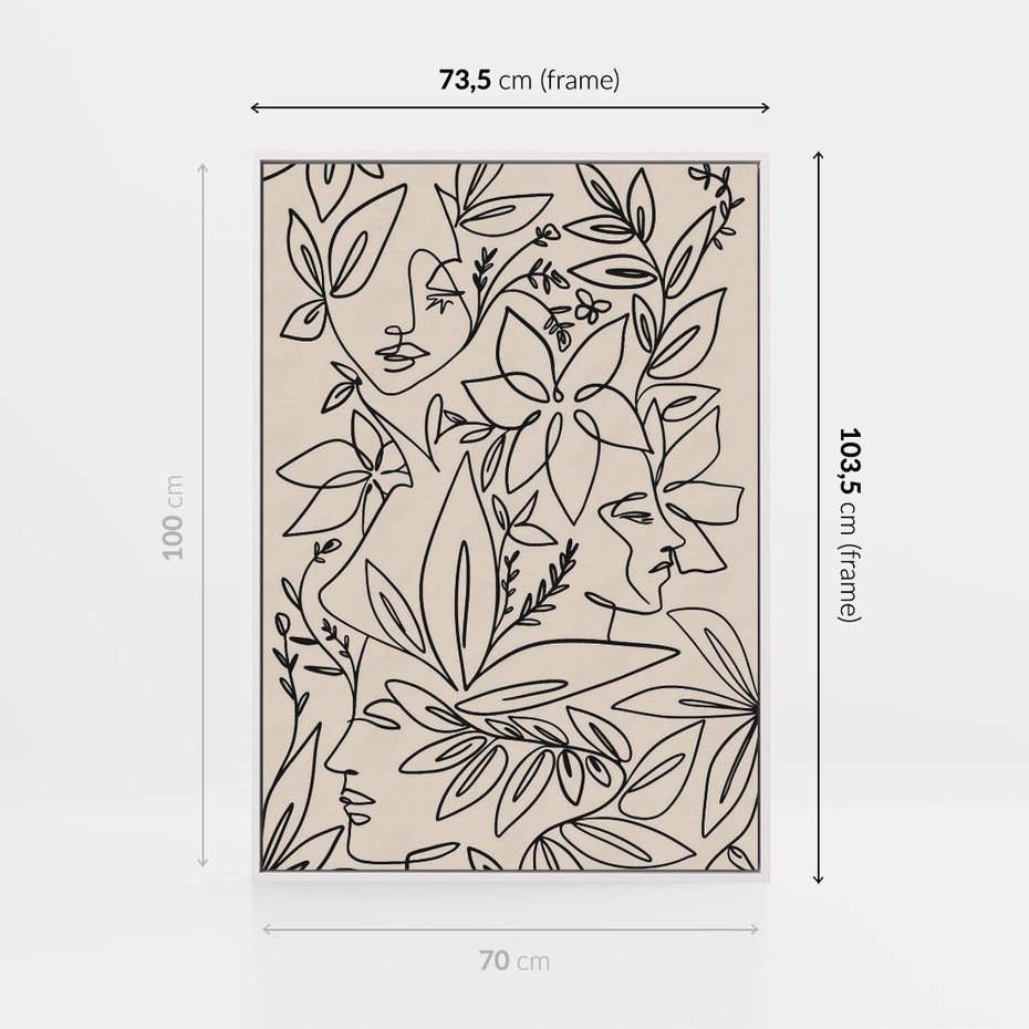 Obraz w ramie 70x100 - Kobiecy Portret Duszy - beżowe tło, czarny szkic nowoczesnych kwiatów - rama biała