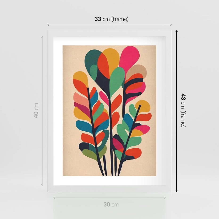 Plakat w ramie 30x40 - Symfonia Wzrokowych Impresji - abstrakcyjny kolorowy tęczowy obraz, inspiracje roślinne - rama biała