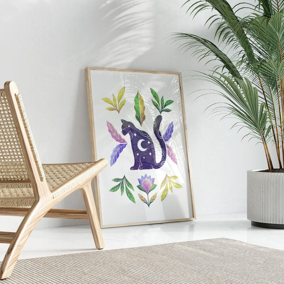 Plakat w ramie 30x40 - Migotliwa Przestrzeń - boho kot, plakat - rama drewno