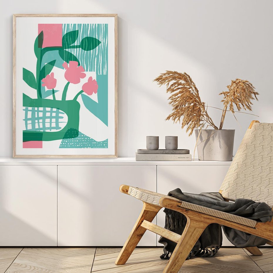 Plakat w ramie 50x70 - Harmonijne Plamy - abstrakcyjne pastelowe kwiaty, nowoczesna sztuka - rama drewno