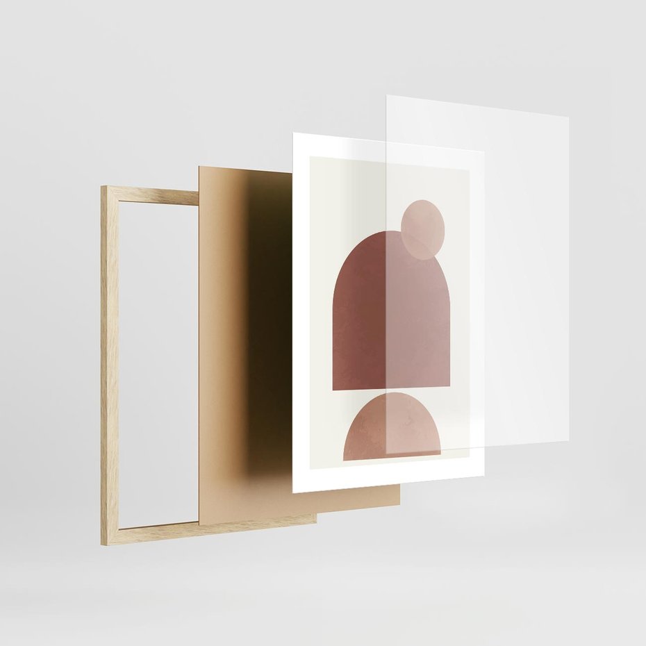 Plakat w ramie 30x40 - Rozkwitające Odbicia - abstrakcyjne geometryczne kształty, odcienie brązu i beżu - rama drewno