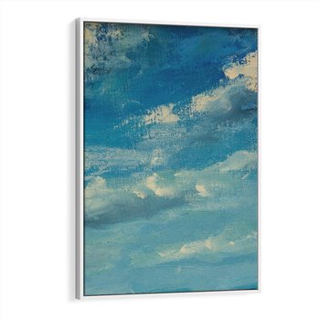Obraz w ramie 50x70 - Oddechy niebiańskiej materii - olejny obraz, smugi farby przypominają obłoki na błękitnym niebie - rama biała