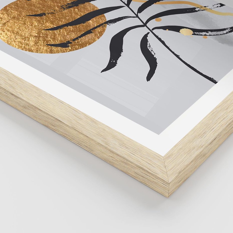 Plakat w ramie 50x70 - Grafika z Czarnym Liściem Palmy - czarny liść palmy, złóte kołó - rama drewno