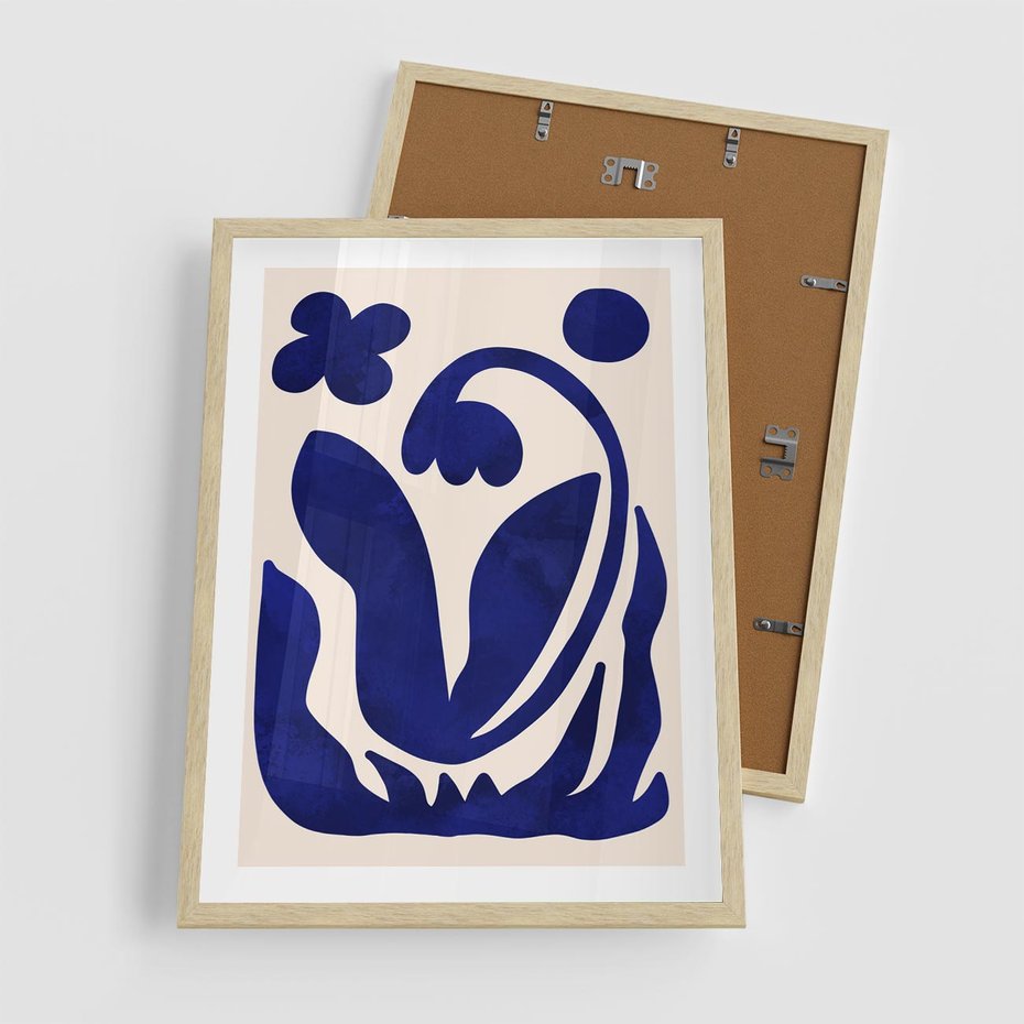 Plakat w ramie 50x70 - Bezgraniczne Echa Serca - abstrakcyjny obraz plakat, dziwne niebieskie kształty przypominają kwiat - rama drewno