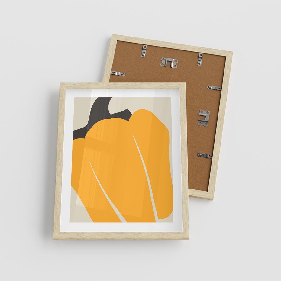 Plakat w ramie 40x50 - Migocące Formy - abstrakcyjny minimalistyczny obraz, żółta papryczka - rama drewno