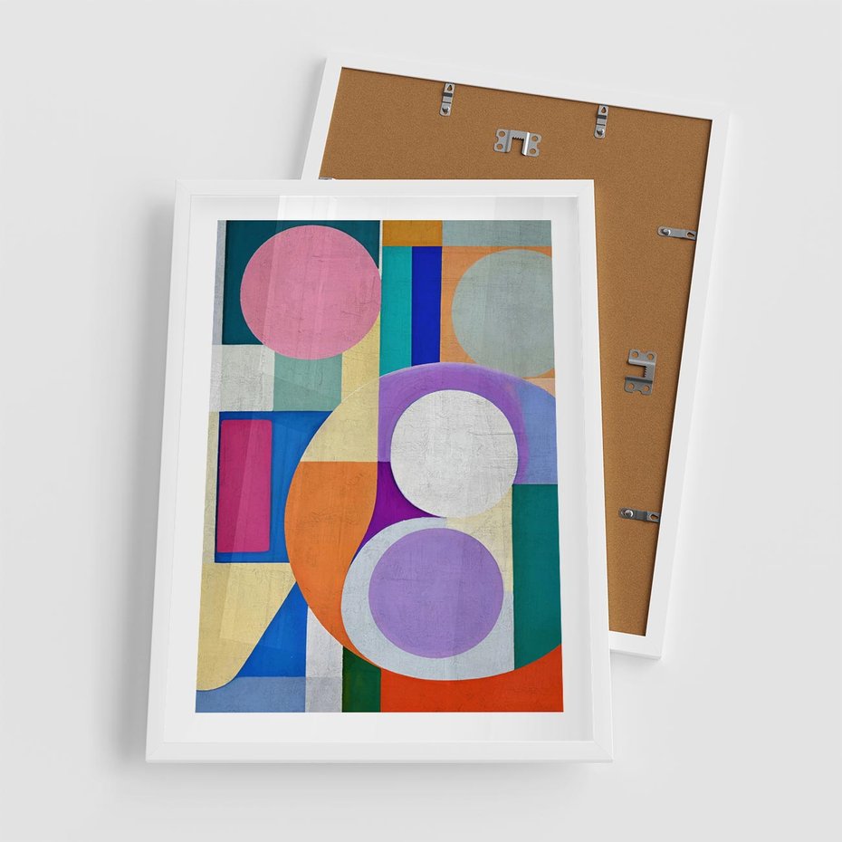 Plakat w ramie 50x70 - Migotliwe Impulsy Dźwięku - różne geometryczne formy, koła - rama biała