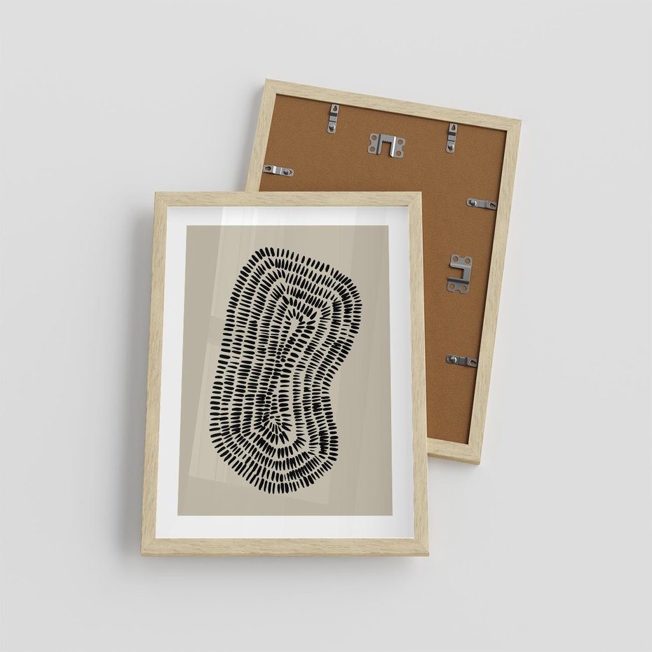 Plakat w ramie 30x40 - Nowoczesne Odbicia Wnętrza - boho plakat, czarne kropki kreski - rama drewno