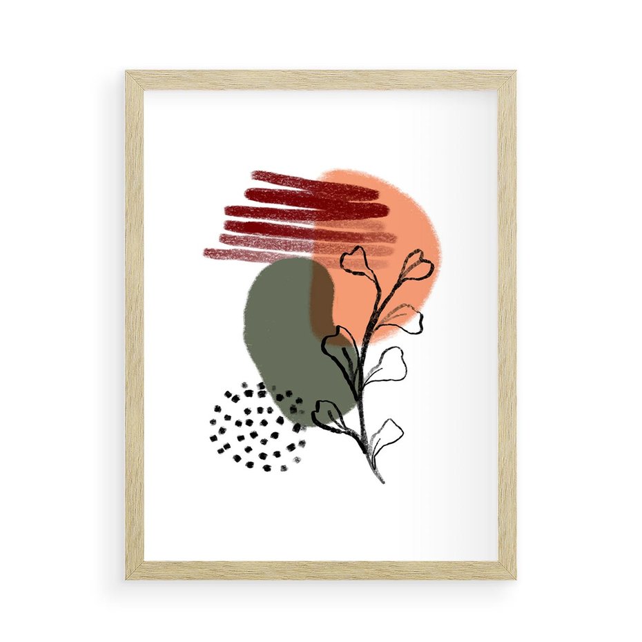Plakat w ramie 50x70 - Przenikające Widzenia - abstrakcyjna sztuka, liście - rama drewno