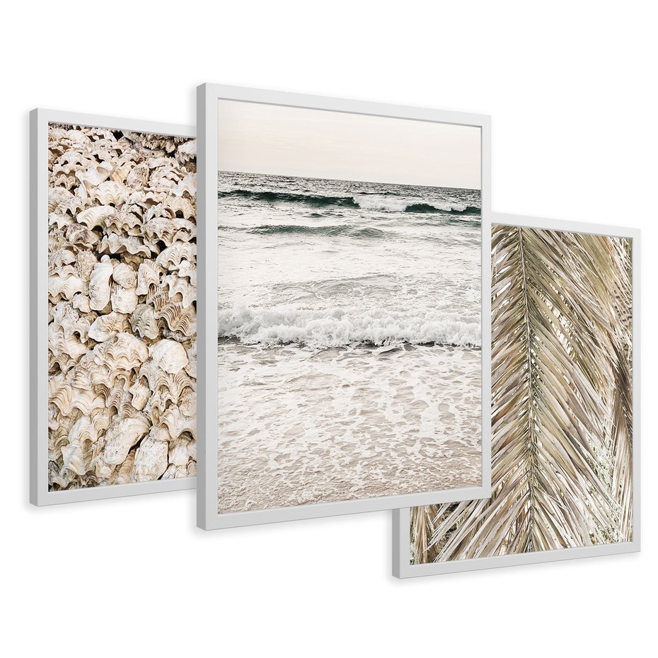 Zestaw obrazy w ramie 40x50 galeria - Plaża, boho, palmy, muszle, morze - rama biała