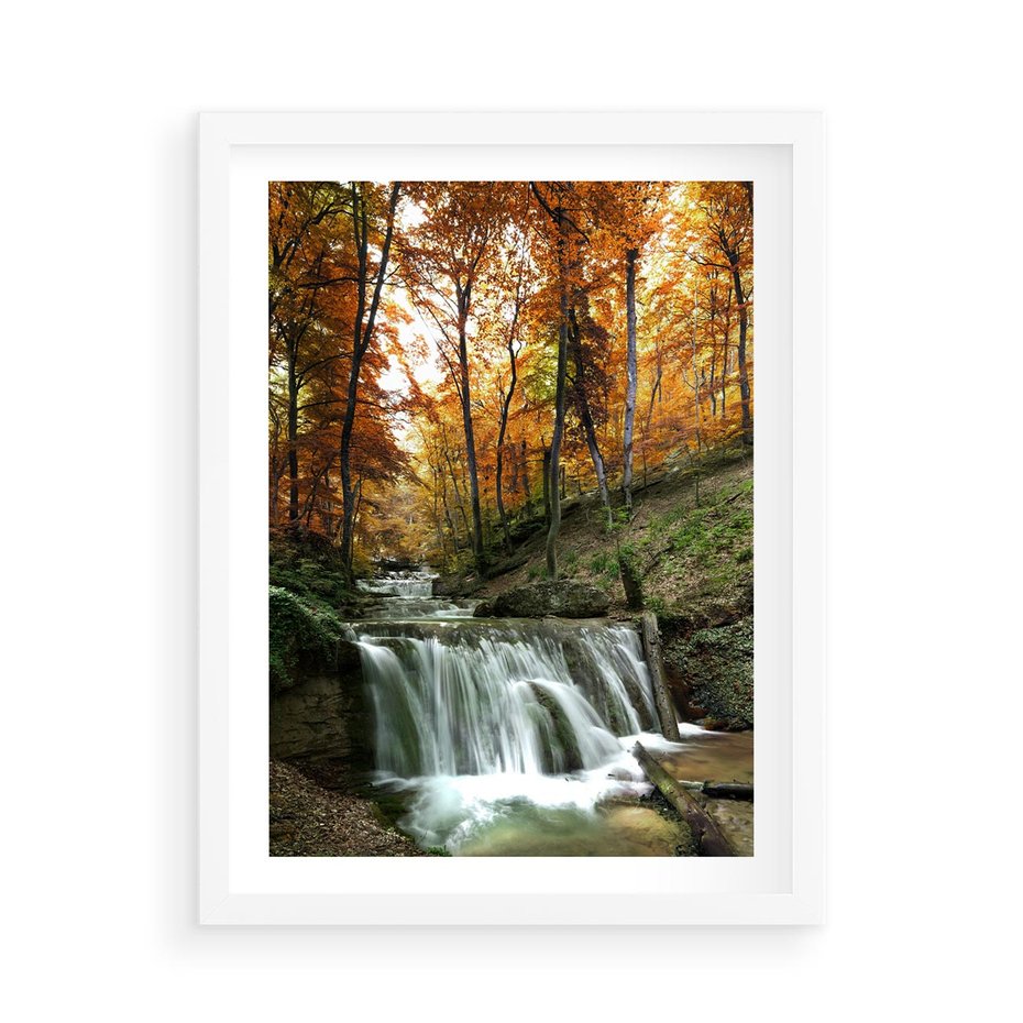 Plakat w ramie 50x70 - Jesienny wodospad w lesie - wodospad, las - rama biała