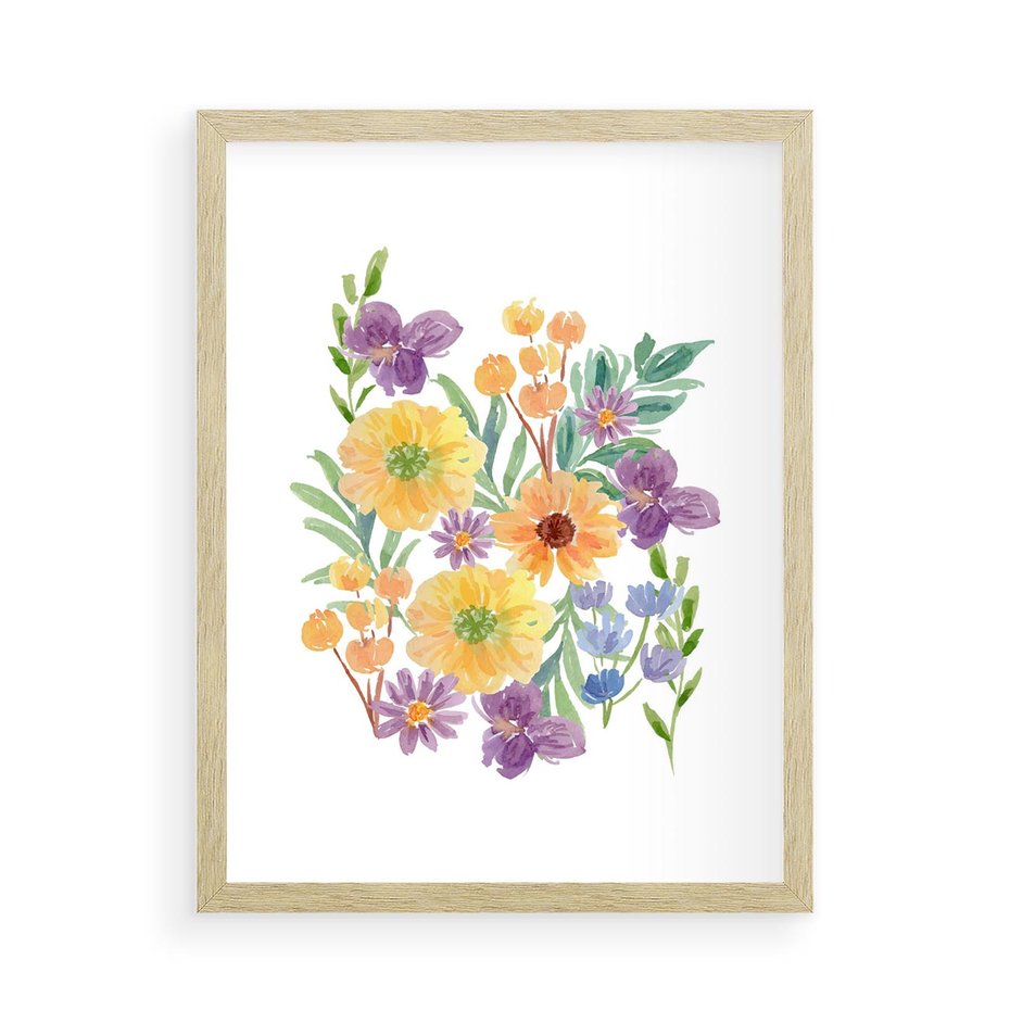 Plakat w ramie 50x70 - Kwiatowe Wibracje - akwarelowe polne kwiaty, minimalistyczny plakat - rama drewno