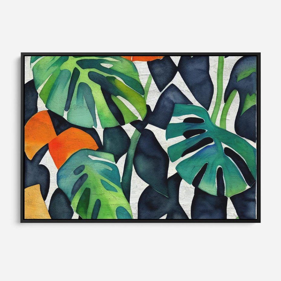 Obraz w ramie 100x70 - Tropikalne Pragnienia - akwarela, liście tropikalne - rama czarna