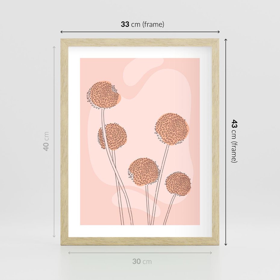 Plakat w ramie 30x40 - Rozkwitające Emocje - minimalistyczny plakat, pudrowe kwiaty - rama drewno
