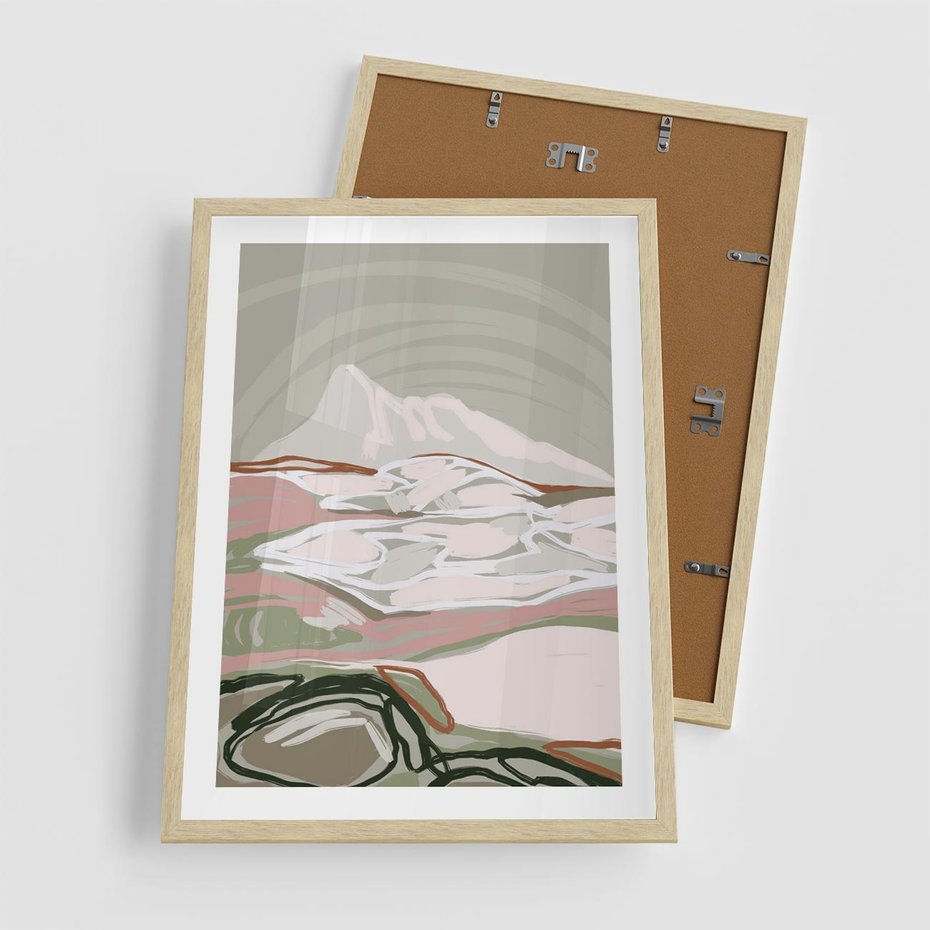 Plakat w ramie 50x70 - Szarawe Wzgórza - pastelowy krajobraz, nowoczesny plakat - rama drewno
