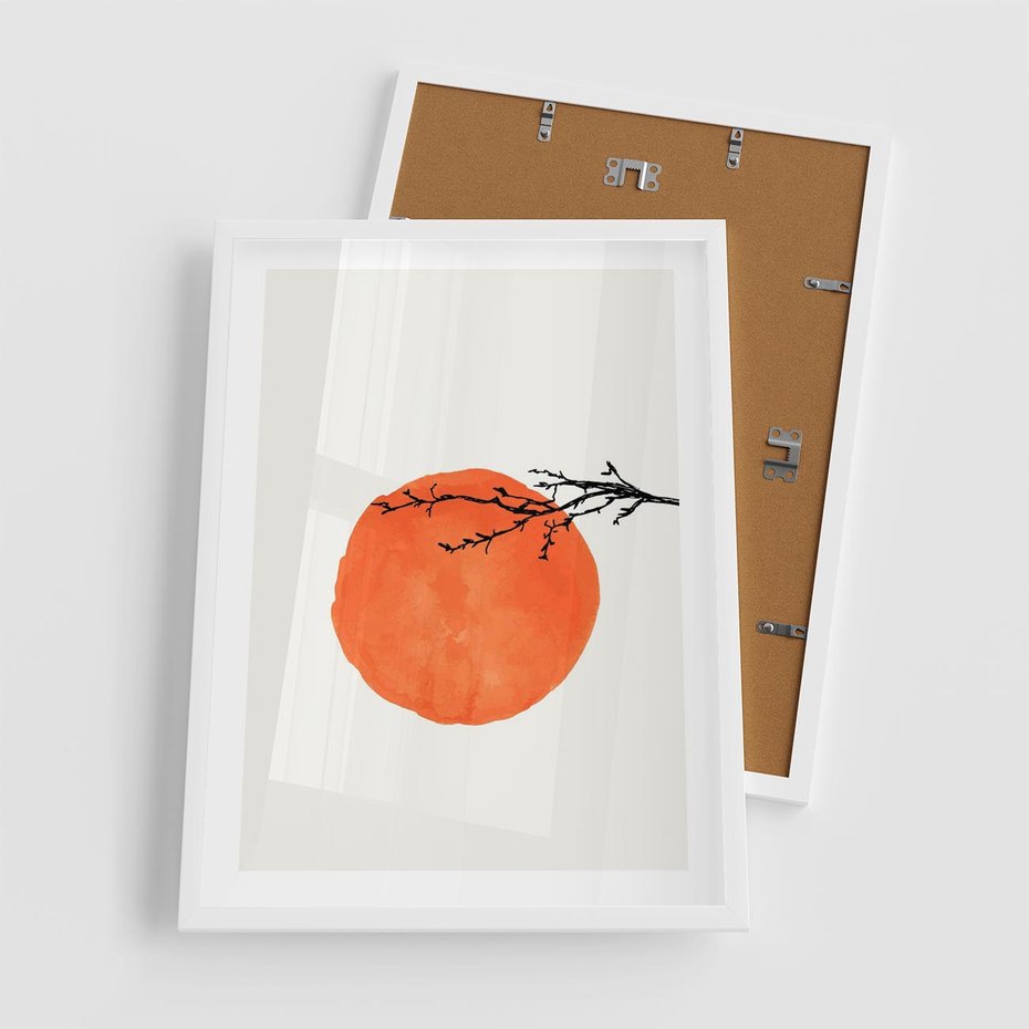 Plakat w ramie 50x70 - Słońce i Gałązka - pomarańczowe słońce, gałązka - rama biała